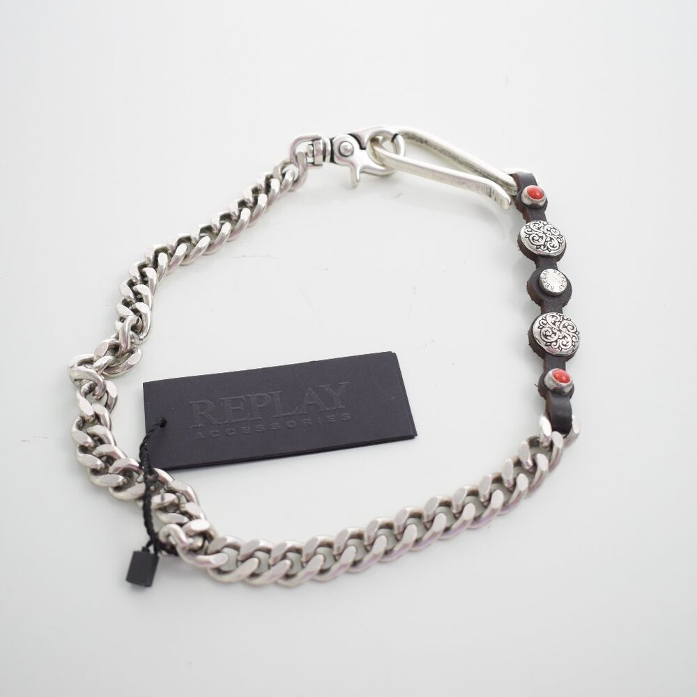 Replay Men's Leather and Metal Curb Link Wallet Chain